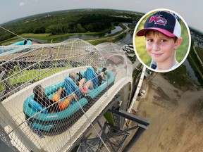 In this July 9, 2014, file photo, riders go down the water slide called "Verruckt" at Schlitterbahn Waterpark in Kansas City, Kan. Caleb Schwab, 10, (inset) died in August 2016 on the 17-story water slide. (AP Photo/Charlie Riedel, File and David Strickland via AP photos)