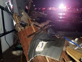 This photo provided by Clifford Bowden shows damage early Tuesday, July 10, 2018, at an RV park in Watford City, N.D., after a violent storm whipped through the northwestern North Dakota city overnight. (AP Photo/Clifford Bowden)