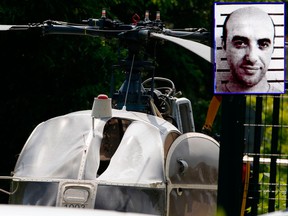This picture taken on July 1, 2018 in Gonesse, north of Paris shows a French helicopter Alouette II abandoned by French armed robber Redoine Faid (inset) after his escape from prison in Reau. (VAN DER HASSELT/AFP/Getty Images/INTERPOL/AFP/Getty Images)