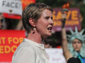 New York gubernatorial candidate Cynthia Nixon speaks during a pro-choice rally, Tuesday, July 10, 2018, in New York. (AP Photo/Julie Jacobson)