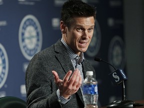 In this Jan. 25, 2018, file photo, Seattle Mariners general manager Jerry Dipoto speaks during the team's annual media briefing before the start of spring training. (AP Photo/Ted S. Warren, File)