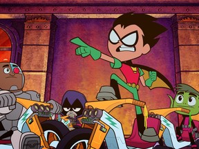 This image released by Warner Bros. Pictures shows characters, from left, Cyborg, voiced by Khary Payton, Raven, voiced by Tara Strong, Robin voiced by Scott Menville, and Beast Boy, voiced by Greg Cipes, in a scene from "Teen Titans Go! to the Movies. (Warner Bros. Pictures via AP)