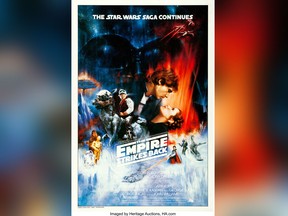 This photo provided by Heritage Auctions, shows a rare draft poster for the "Star Wars" sequel, "The Empire Strikes Back," that sold at auction for $26,400 on Sunday July 29, 2018 in Dallas. Heritage Auctions says a long-time pop culture collector who wished to remain anonymous made the winning bid. (Heritage Auctions via AP)