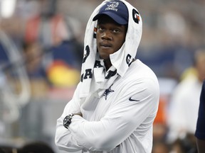 Dallas Cowboys defensive end Randy Gregory watches play from the sideline during the team's game against the Atlanta Falcons in Arlington, Texas on Sept. 27, 2015. (AP Photo/Brandon Wade)