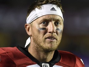 Calgary Stampeders quarterback Bo Levi Mitchell walks off the field after second half CFL action against the Ottawa Redblacks in Ottawa on Thursday, July 12, 2018.