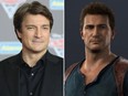 Nathan Fillion (left) plays video-game character Nathan Drake in an "Uncharted" video short.  (Willy Sanjuan/Invision/AP/Naughty Dog/HO)