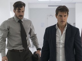 This image released by Paramount Pictures shows, Henry Cavill, from left and Tom Cruise in a scene from "Mission: Impossible - Fallout."