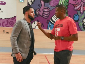 Raptors were at the MLSE Launchpad announcing the multi-year signing of guard Fred VanVleet who is seen speaking with president Masai Ujiri after the press conference in Toronto, on Friday, July 6, 2018.