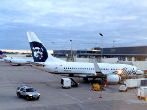 An Alaskan Airlines plane sits at the ramp at Minnepaolis-St.Paul International Airport June 2, 2016 in St. Paul, Minnesota. (KAREN BLEIER/AFP/Getty Images)