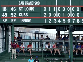 A general view of the scoreboard during the game between the Chicago Cubs and St. Louis Cardinals at Wrigley Field on July 21, 2017 in Chicago, Ill. (Dylan Buell/Getty Images)