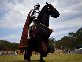 Australian jouster Phillip Leitch gets ready on the back of his horse for the inaugural World Jousting Championship at the St Ives Medieval Faire in Sydney on September 23, 2017. (Saeed Khan/Getty Images)