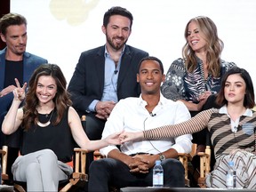 (L-R, back row) Riley Smith, Richard Keith, Erin Cardillo, (L-R, front row) Brooke Lyons, Elliot Knight and Lucy Hale of the television show "Life Sentence" speak on stage during the CW portion of the 2018 Winter Television Critics Association Press Tour  at The Langham Huntington, Pasadena on January 7, 2018 in Pasadena, Calif.  (Randy Shropshire/Getty Images)