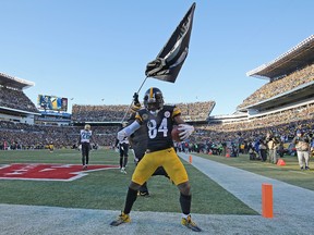 Antonio Brown of the Pittsburgh Steelers celebrates after a 43 yard touchdown reception in the fourth quarter during the AFC Divisional Playoff game against the Jacksonville Jaguars at Heinz Field on January 14, 2018 in Pittsburgh, Pennsylvania. (Brett Carlsen/Getty Images)