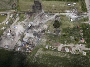 Aerial view of the site of a series of explosions at fireworks warehouses in Tultepec, central Mexico, on July 5, 2018. (Pedro Pardo/Getty Images)