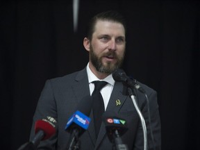 Nathan Oystrick speaks during a media announcement for his position as the new Humboldt Broncos coach and General Manger, in Humboldt, Sask. Tuesday, July, 3, 2018. (The Canadian Press/Kayle Neis)