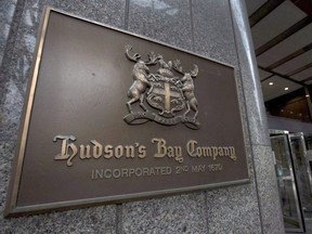 A Hudson's Bay Co. sign is shown at its Toronto flagship store on July 29, 2013.