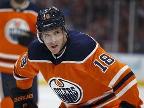 Edmonton Oilers forward Ryan Strome faces off during NHL action against the Calgary Flames at Rogers Place in Edmonton on Jan. 25, 2018.