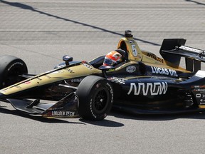 James Hinchcliffe races his car during the IndyCar Series auto race Sunday, July 8, 2018, at Iowa Speedway in Newton, Iowa.