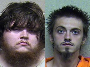 Jonathan Plank, 20, left, and Tyler Joe Adkins, 24, were arrested arrested July 18 in Lincoln County on a complaint of child neglect. (Pottawatomie County Jail photos)