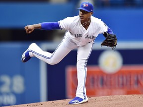 Toronto Blue Jays starting pitcher Marcus Stroman works against the Baltimore Orioles during first inning American League baseball action in Toronto on Saturday, July 21, 2018. THE CANADIAN PRESS/Frank Gunn