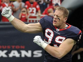 J.J. Watt of the Houston Texans is introduced prior to the AFC Wildcard game against the Cincinnati Bengals on January 7, 2012 at Reliant Stadium in Houston. (Jamie Squire/Getty Images)