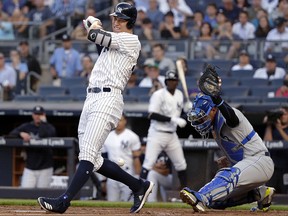 New York Yankees slugger Aaron Judge reacts after being hit by a pitch against the Kansas City Royals on Thursday, July 26, 2018, in New York. (AP Photo/Frank Franklin II)