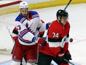 New York Rangers centre Kevin Hayes (left) in action against the Ottawa Senators on Saturday, Feb. 17, 2018. (THE CANADIAN PRESS/Fred Chartrand)