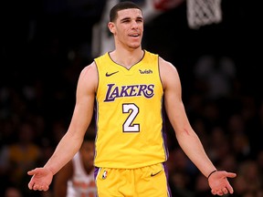 Lonzo Ball of the Los Angeles Lakers reacts against the New York Knicks at Madison Square Garden on December 12, 2017 in New York City. (Abbie Parr/Getty Images)