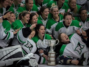 Markham Thunder players celebrate winning the 2018 Clarkson Cup final against the Kunlun Red Star in CWHL action in Toronto on March 25, 2018.