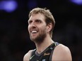 Dallas Mavericks' Dirk Nowitzki smiles during the second half of an NBA game against the New York Knicks Tuesday, March 13, 2018, in New York. (AP Photo/Frank Franklin II)