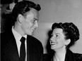 In this Oct. 23, 1946 file photo, singer Frank Sinatra and his wife Nancy smile broadly as they leave a Hollywood night club following a surprise meeting. (AP Photo/File)