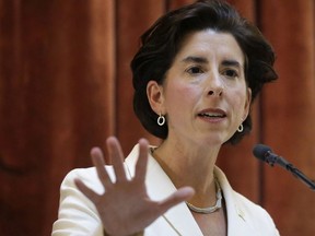 In this Jan. 16, 2018 file photo, Rhode Island Democratic Gov. Gina Raimondo delivers her State of the State address to lawmakers and guests in the House Chamber at the Statehouse in Providence, R.I.