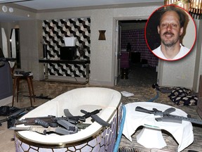 This Oct. 2017 photo released by the Las Vegas Metropolitan Police Department Force Investigation Team Report showing the interior of Las Vegas shooter Stephen Paddock's 32nd floor room of the Mandalay Bay hotel, an evidence imaged released as part of a preliminary report by Clark County Sheriff Joe Lombardo on Friday, Jan. 19, 2018, in Las Vegas.