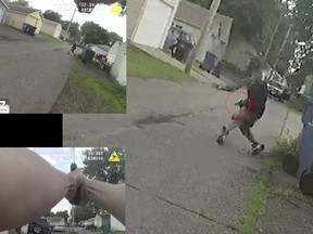 This June 23, 2018, image from multiple police cam videos provided by the Minneapolis Police Department shows a chase between Officers Justin Schmidt and Ryan Kelly and suspect Thurman Blevins, in Minneapolis. Authorities in Minneapolis released the body camera video Sunday, July 29 from the two police officers in the fatal shooting of Blevins, with the footage showing the man shot from behind after a frenetic foot chase and what appeared to be a gun in his hand. (Minneapolis Police Department via AP)