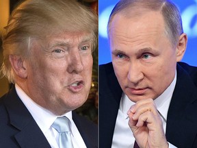 This combination of file pictures created on December 30, 2016 shows a file photo taken on December 28, 2016 of US President-elect Donald Trump (L) in Palm Beach, Florida; and a file photo taken on December 23, 2016, of Russian President Vladimir Putin speaking in Moscow. (Getty Images)