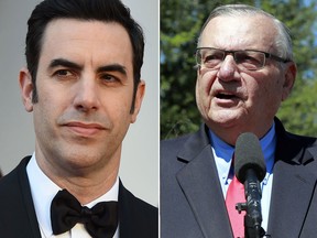 Sacha Baron Cohen, left, and Joe Arpaio. (Getty Images and AP file photo)