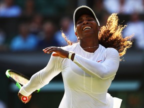 Serena Williams reacts against Kristina Mladenovic during Wimbledon at the All England Lawn Tennis and Croquet Club on July 6, 2018 in London. (Matthew Stockman/Getty Images)