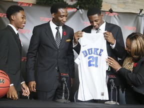 Surrounded by family, Canadian basketball star R.J Barrett announced his college choice to be the Duke Blue Devils on Friday November 10, 2017 in Brampton. (Veronica Henri/Toronto Sun/Postmedia Network)
