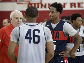 United States men's national team coach Gregg Popovich left, speaks with Eric Gordon (46) and DeMar DeRozan during a training camp, Thursday, July 26, 2018, in Las Vegas.