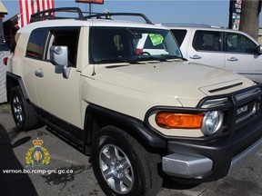 A similar picture of a Toyota FJ cruiser matching the description of the vehicle used in the Vernon break and enter in Vernon, B.C. (RCMP)