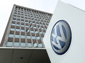 The Volkswagen logo stands outside the main administrative building at the Volkswagen car factory on May 19, 2017 in Wolfsburg, Germany. (Sean Gallup/Getty Images)