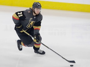 William Karlsson of the Vegas Golden Knights skates with the puck against the Winnipeg Jets in the second period of Game Three of the Western Conference Finals during the 2018 NHL Stanley Cup Playoffs at T-Mobile Arena on May 16, 2018 in Las Vegas, Nev.