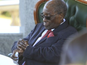 Former Zimbabwean President Robert Mugabe, holds a press briefing at his residence in Harare,  Sunday, July 29, 2018, on the eve of the country's all important elections. Zimbabwe votes Monday in an election that could, if deemed credible, tilt the country toward recovery after years of economic collapse and repression under Mugabe.