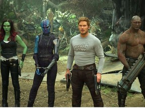 This image released by Disney-Marvel shows Zoe Saldana, from left, Karen Gillan, Chris Pratt, Dave Bautista and Rocket, voiced by Bradley Cooper, in a scene from, "Guardians Of The Galaxy Vol. 2."