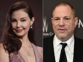 This combination photo shows Ashley Judd during the 2017 Television Critics Association Summer Press Tour in Beverly Hills, Calif., on July 25, 2017, left, and Harvey Weinstein at The Weinstein Company and Netflix Golden Globes afterparty in Beverly Hills, Calif., on Jan. 8, 2017.