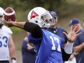 Montreal Alouettes quarterback Antonio Pipkin throws a pass during practice in Montreal on Aug. 22, 2018.
