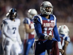 Montreal Alouettes quarterback Antonio Pipkin celebrates scoring a touchdown against the Toronto Argonauts in Montreal on Aug. 24, 2018.