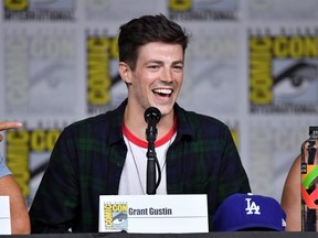 Grant Gustin speaks onstage at the"The Flash" Special Video Presentation and Q&A during Comic-Con International 2018 at San Diego Convention Center on July 21, 2018 in San Diego, California.