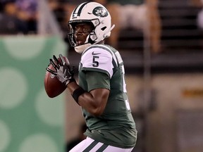 Teddy Bridgewater of the New York Jets looks to pass in the second quarter against the Atlanta Falcons during a preseason game at MetLife Stadium on August 10, 2018 in East Rutherford, New Jersey.