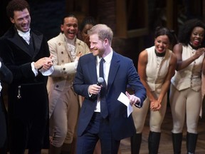 Prince Harry, Duke of Sussex speaks onstage at "Hamilton" after the gala performance in support of Sentebale at Victoria Palace Theatre on August 29, 2018 in London, England.